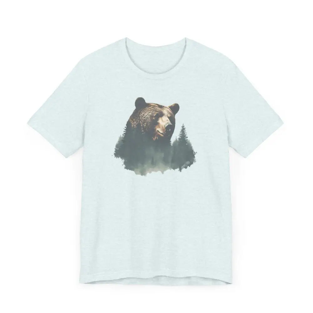 Light blue Bear Life Mountain unisex jersey tee with misty forest bear graphic