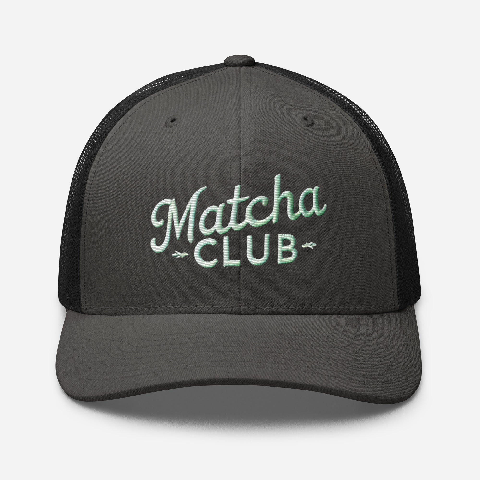 Charcoal gray embroidered trucker cap for matcha lovers, Matcha Club design