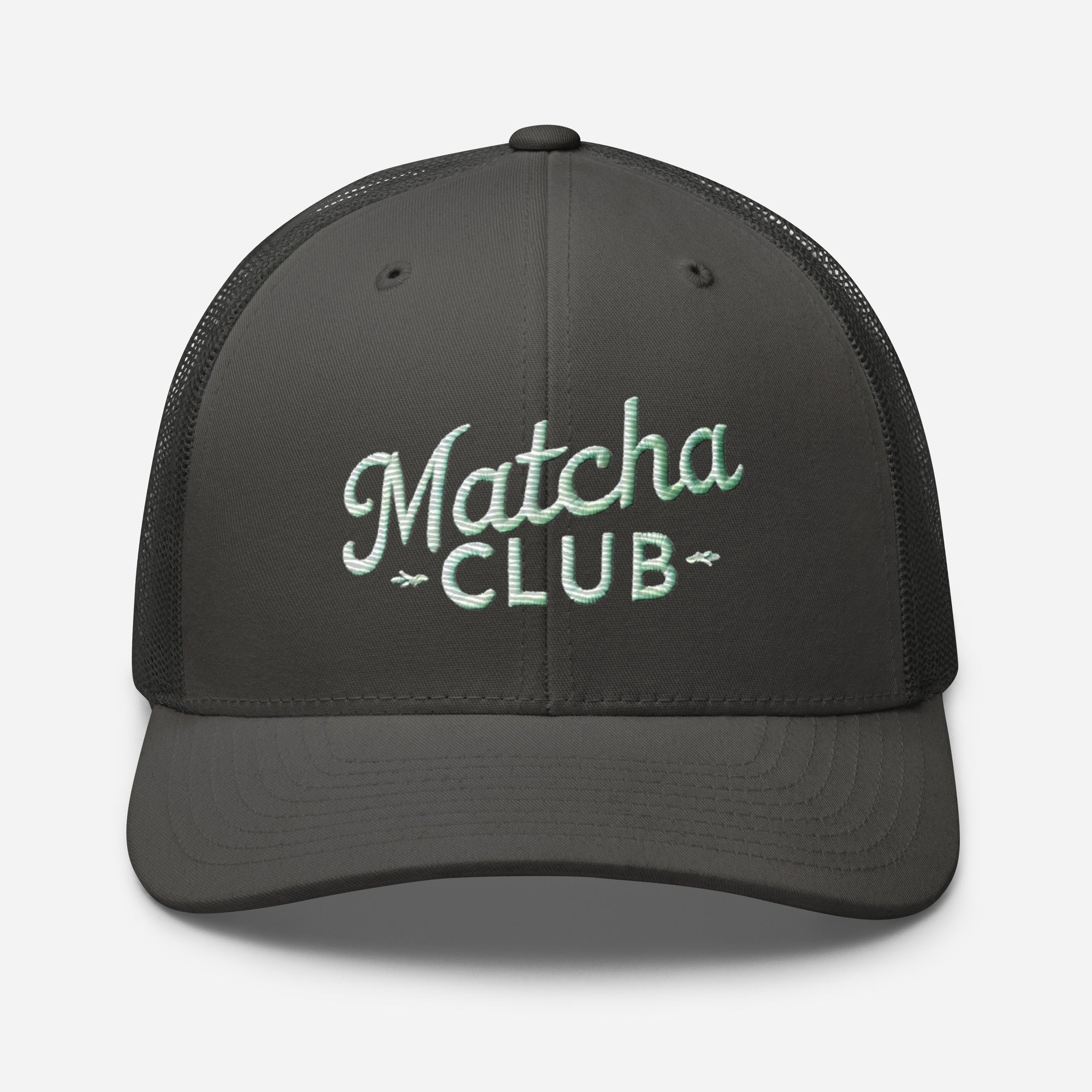 Black embroidered trucker cap for matcha lovers, Trini Skies Café Culture