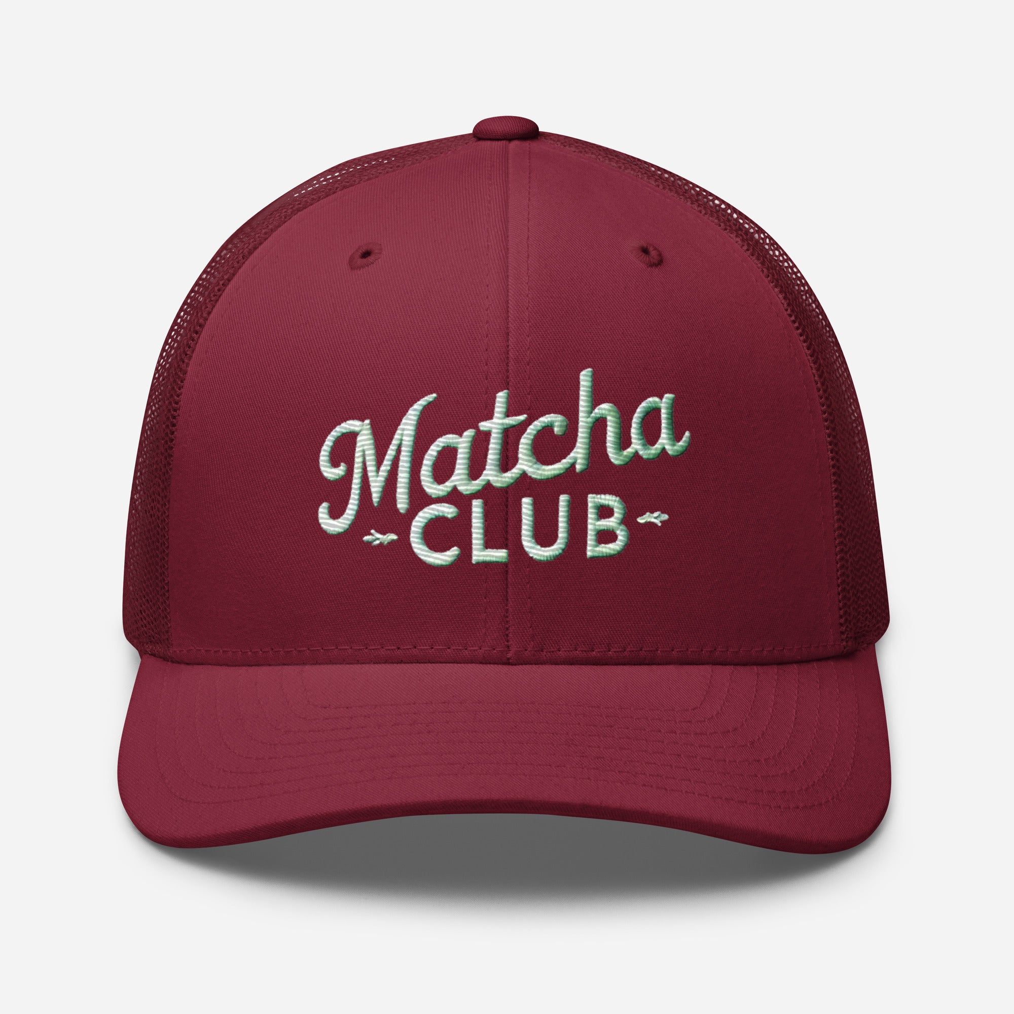 Maroon mesh embroidered trucker cap for matcha lovers, café culture