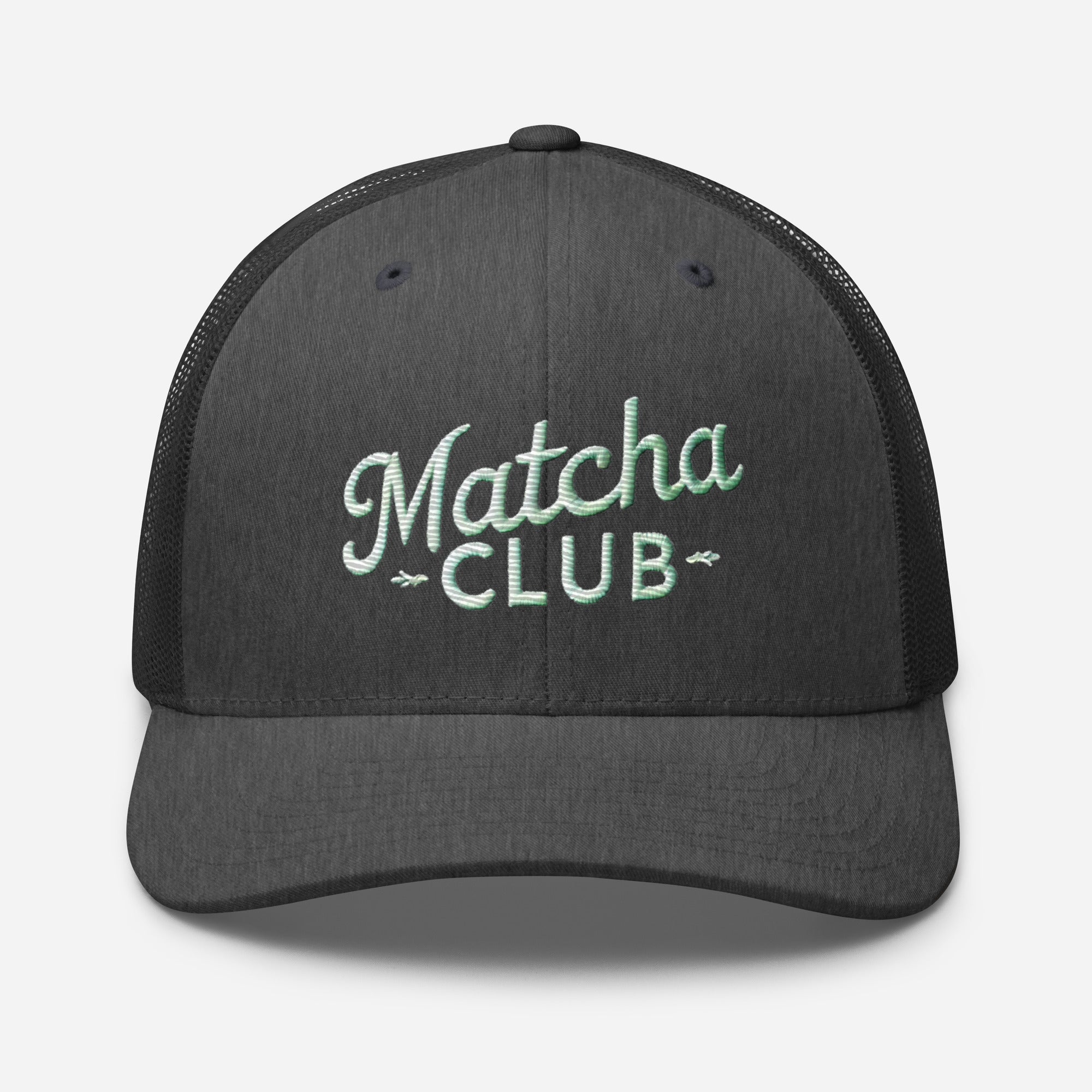 Black embroidered trucker cap for matcha lovers in Trini Skies Café Culture