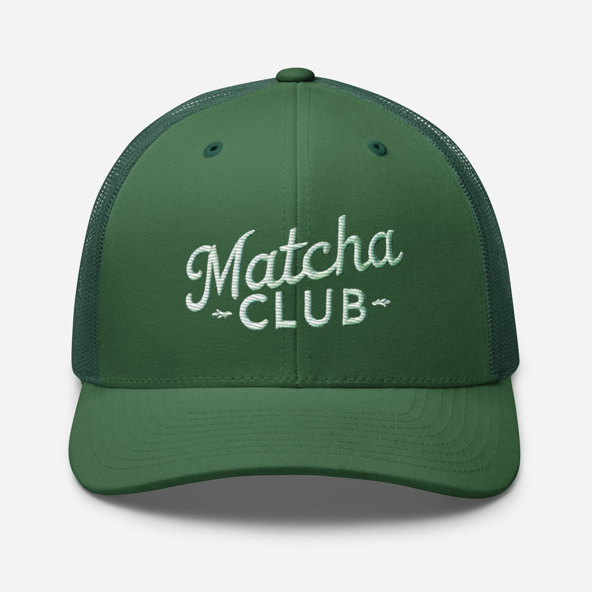 Green embroidered trucker cap for matcha lovers in cafe culture