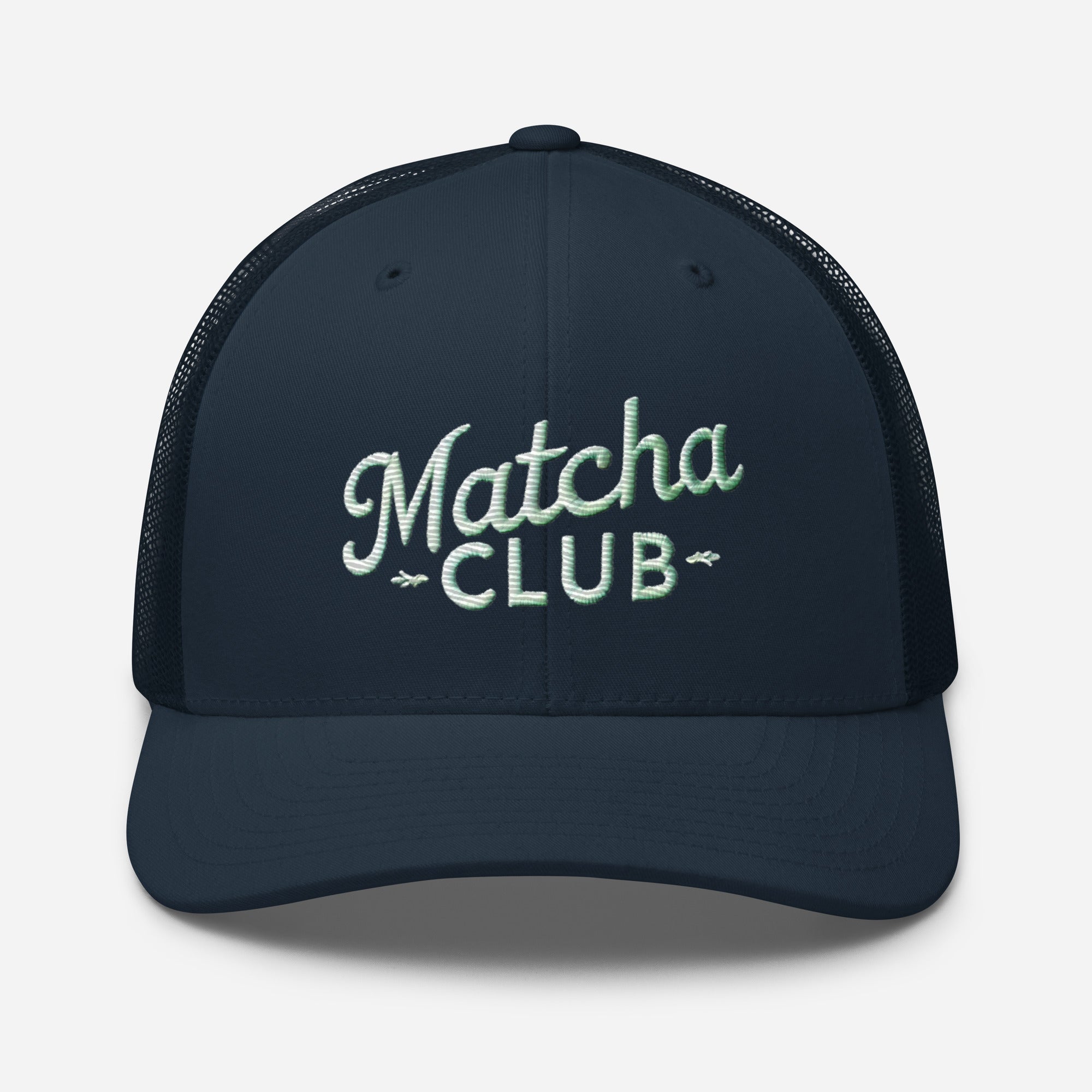 Navy blue embroidered trucker cap for matcha lovers in Trini Skies Café Culture Series