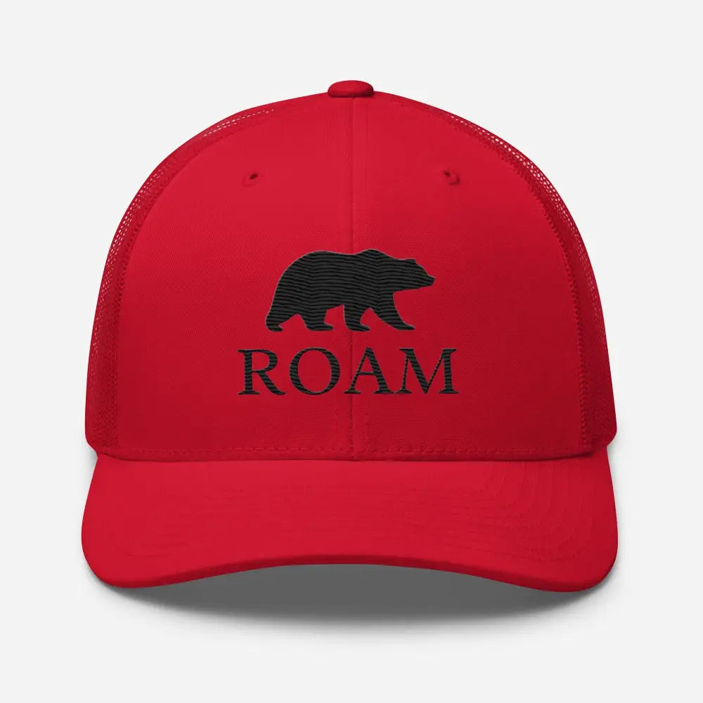 Red six-panel trucker hat with black bear and ROAM embroidery