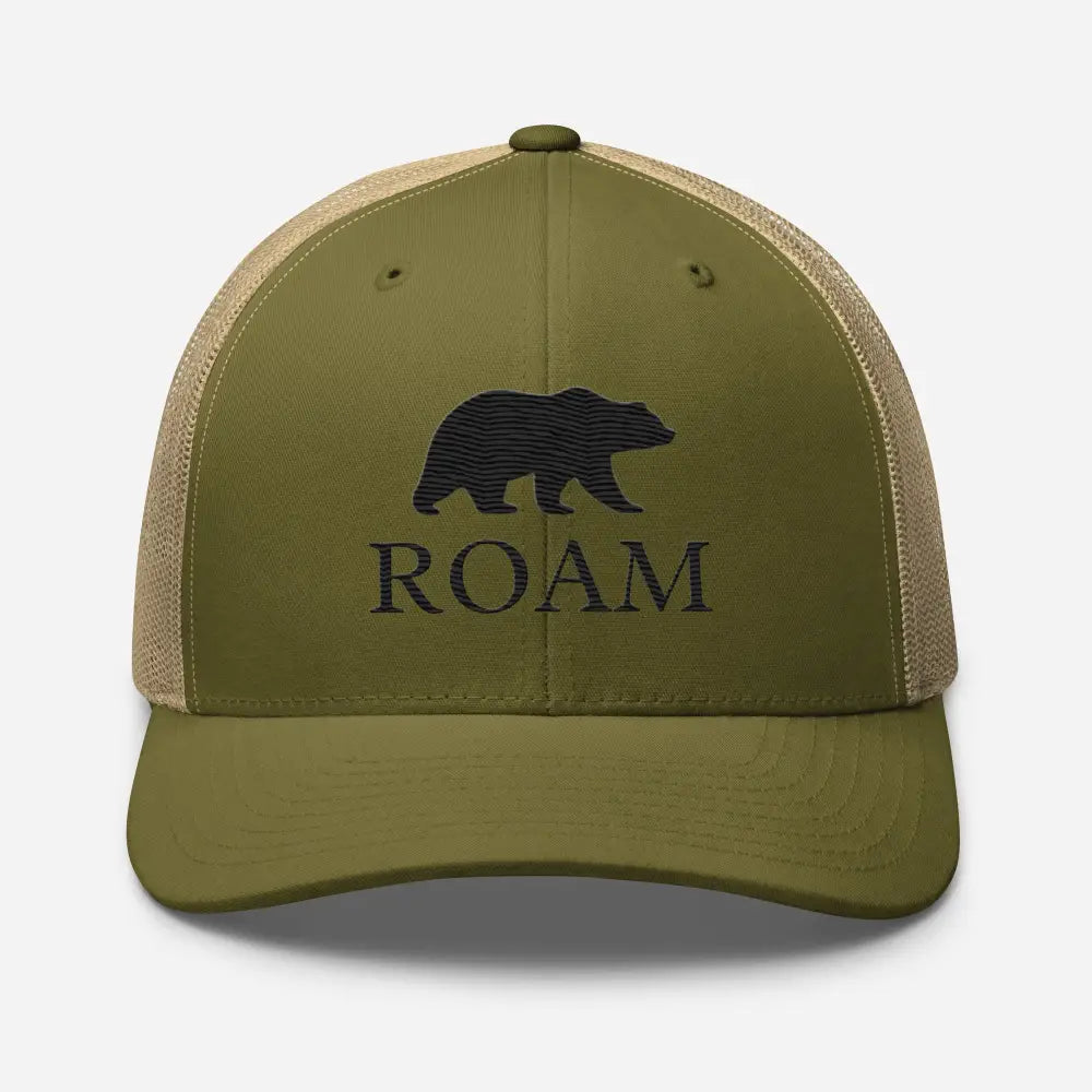 Bear Roam six-panel trucker hat in olive green tan with bear silhouette