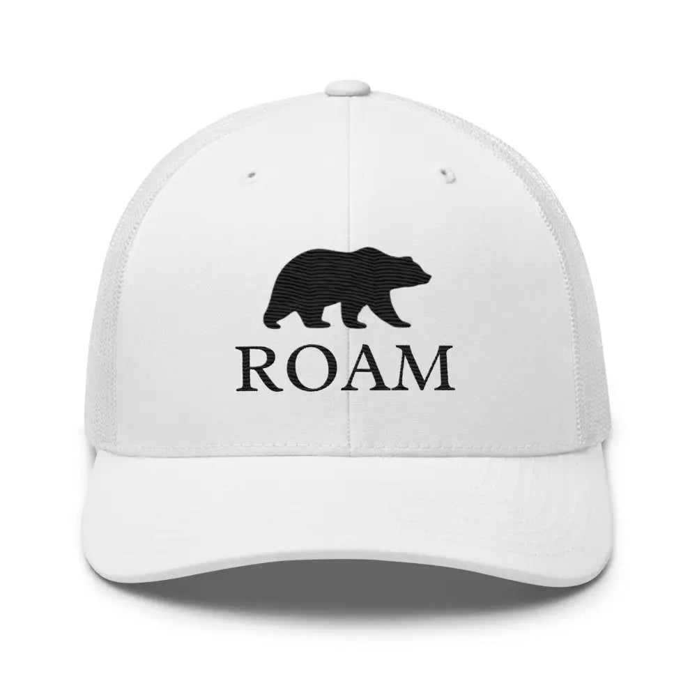 White six-panel trucker hat with black bear silhouette and ROAM embroidery