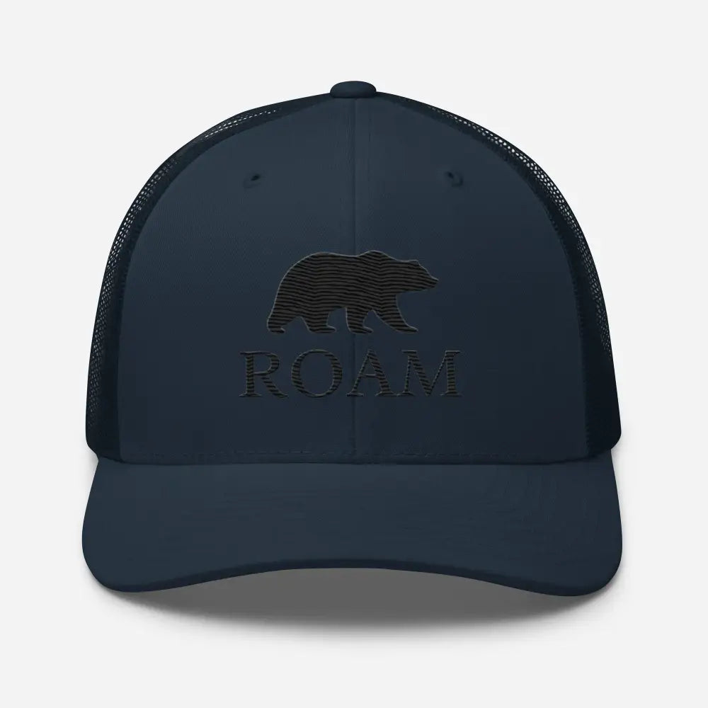 Dark blue six-panel trucker hat with bear silhouette and ROAM embroidery