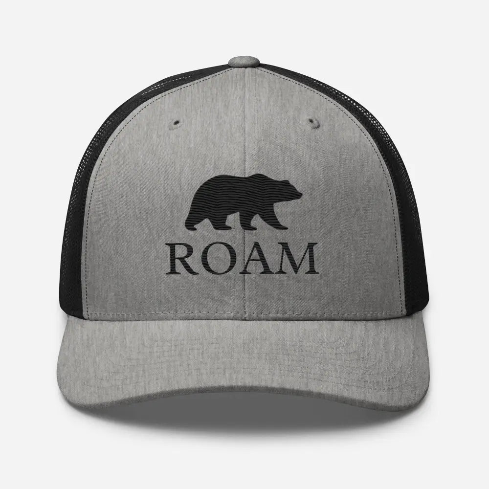 Grey black six-panel trucker hat with bear silhouette and ROAM embroidery