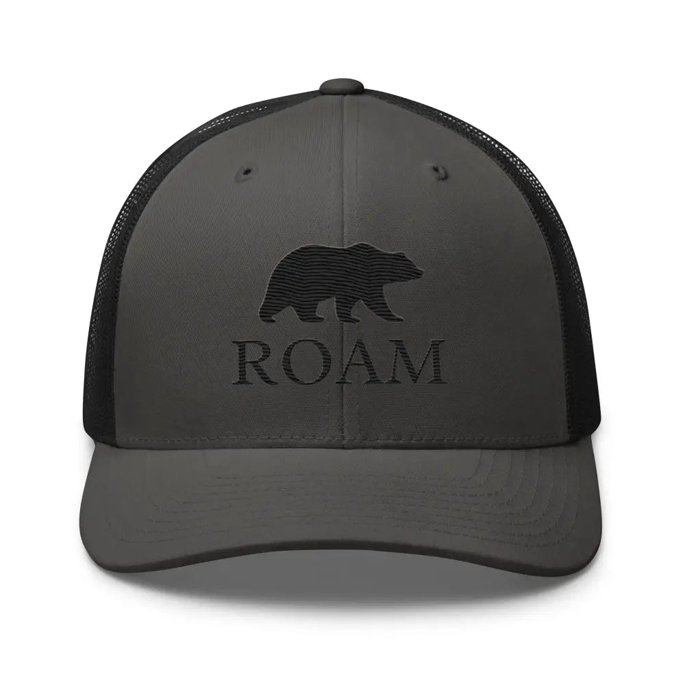 Charcoal gray six-panel trucker hat with black bear and ROAM embroidery