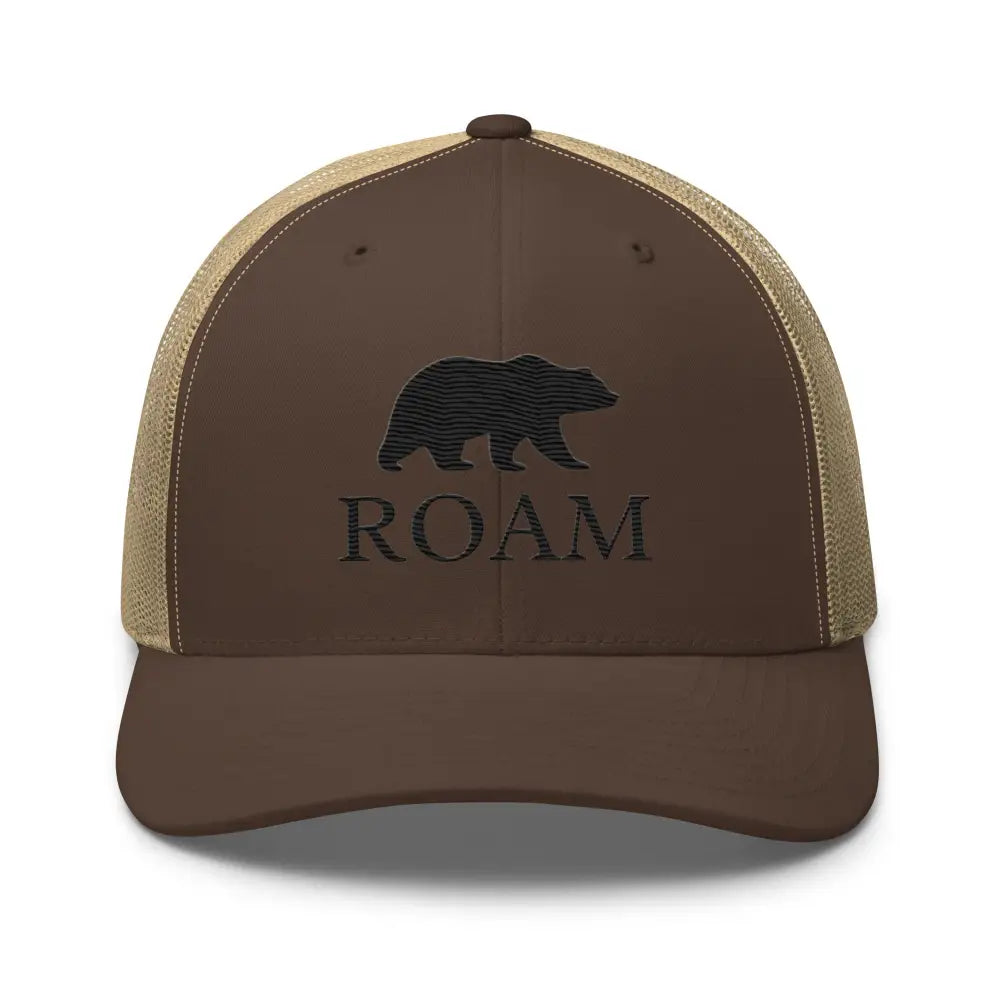 Brown Six-Panel Trucker Hat with Bear Silhouette and ROAM Embroidery
