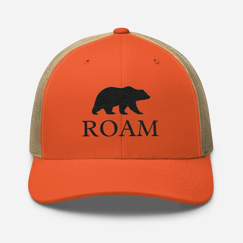 Bear Roam six-panel trucker embroidered hat with black bear silhouette