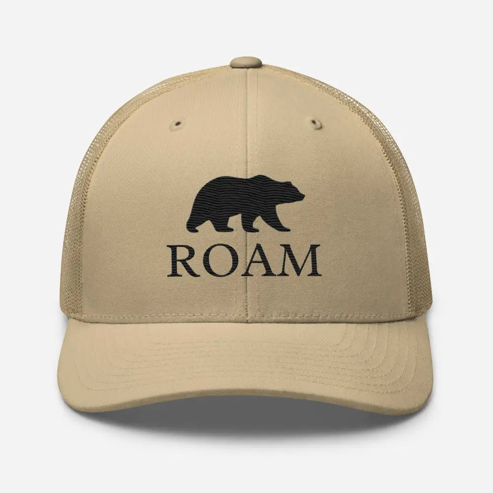 Tan six-panel trucker hat with black bear ROAM embroidery