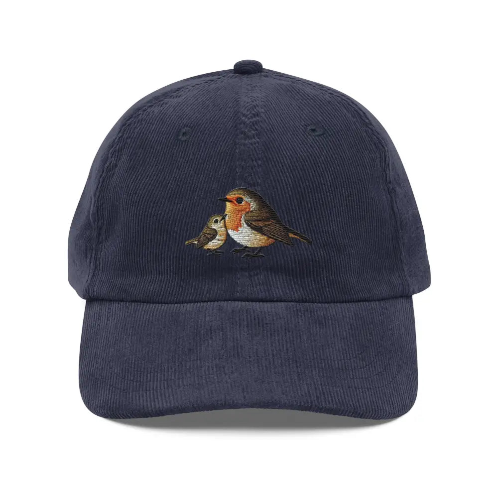 Embroidered vintage corduroy navy blue baseball cap with robin and chick