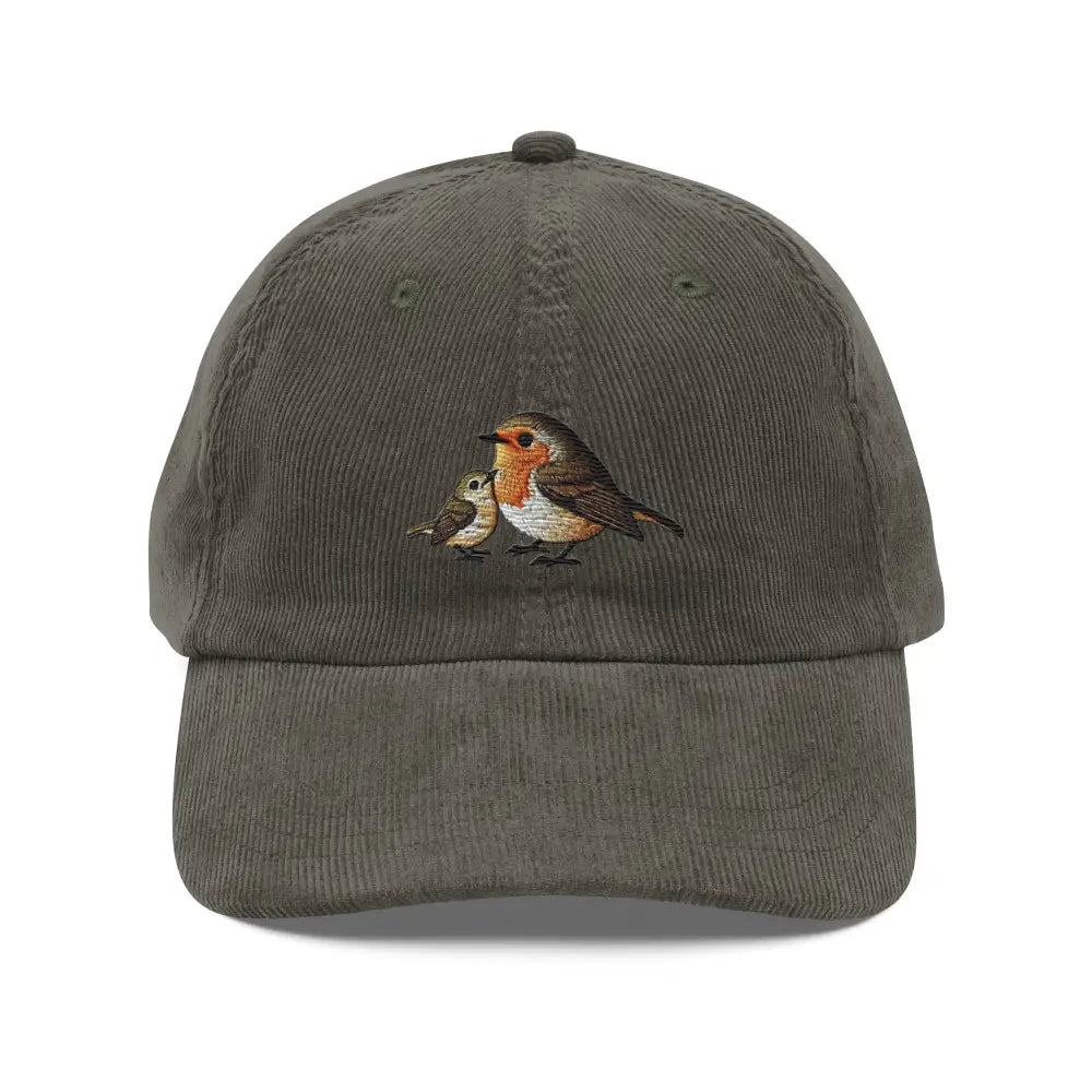 Embroidered vintage corduroy dad hat with olive green robin and chick
