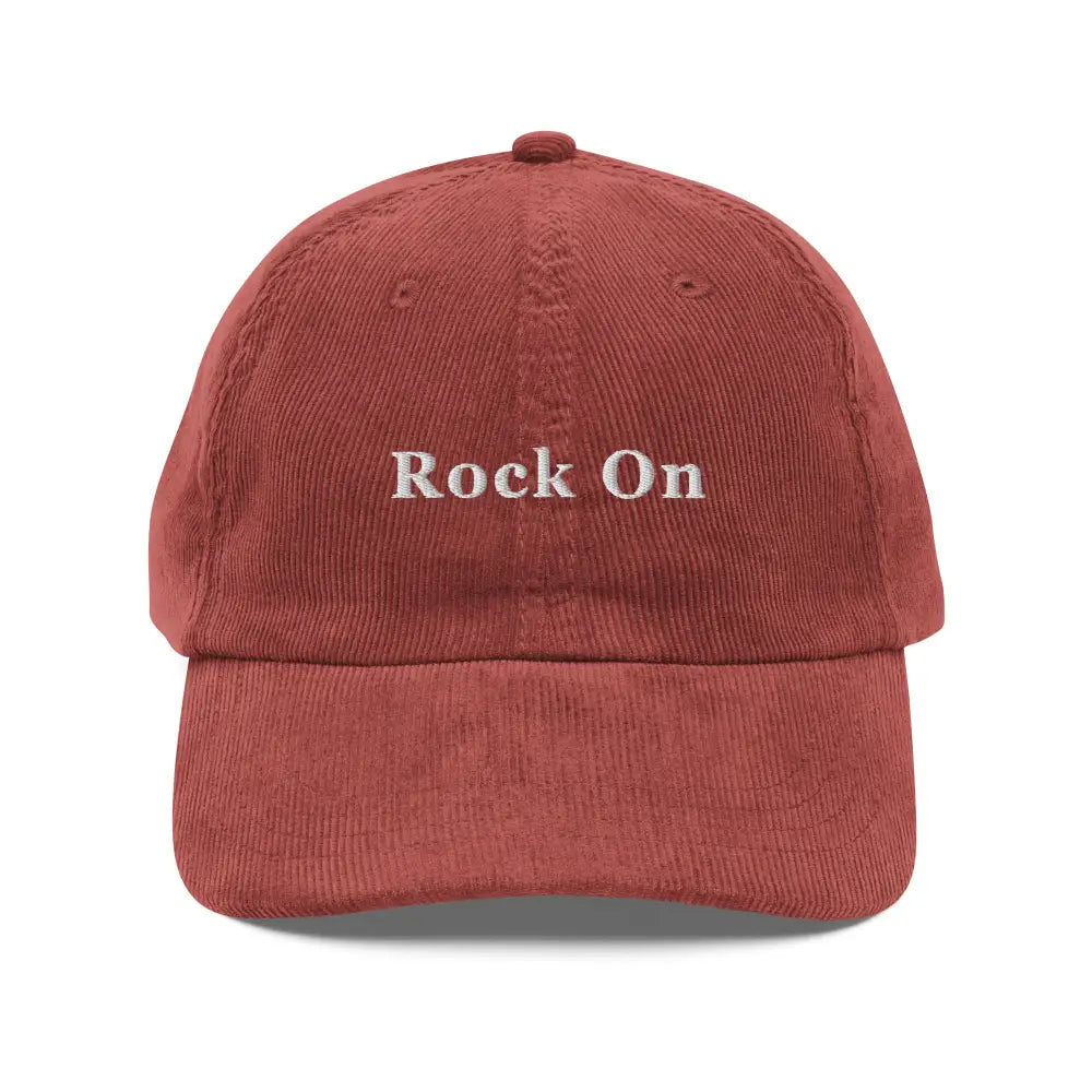 Red vintage corduroy cap with Rock On embroidery