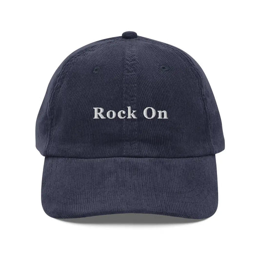 Rock On Embroidered Vintage Corduroy Cap - Navy - Hats dark blue corduroy baseball cap 1