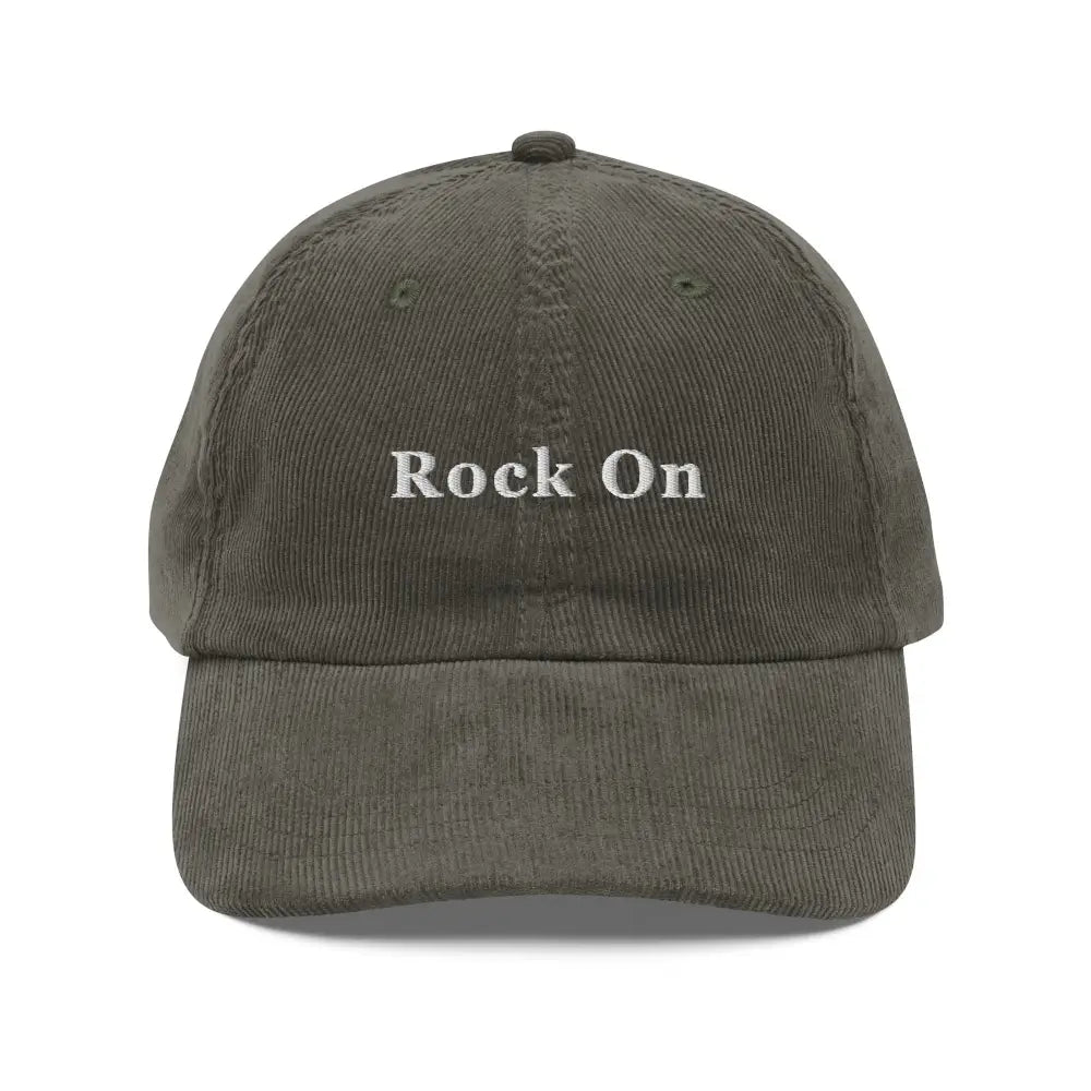 Vintage corduroy cap in olive green with Rock On embroidery