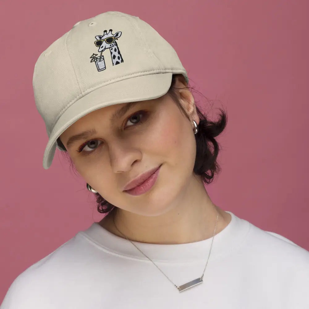 Safari Sips embroidered giraffe organic dad hat on woman