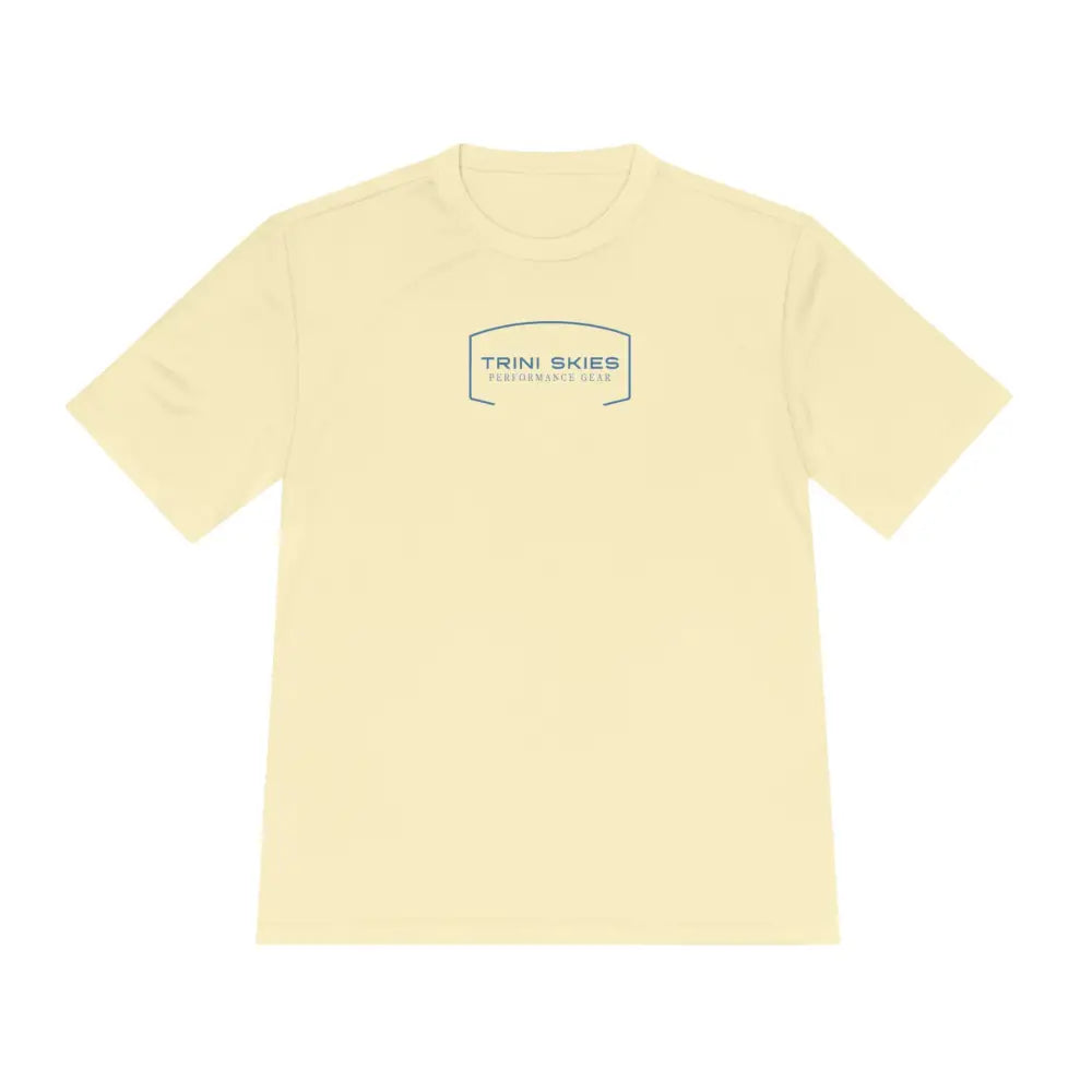 Pale yellow Sailfish performance shirt with TRINI SKIES graphic