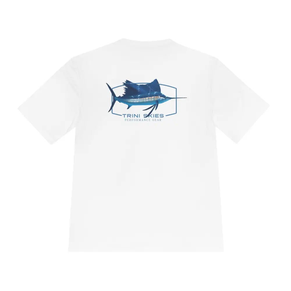 White sailfish performance shirt with dynamic sailfish graphic