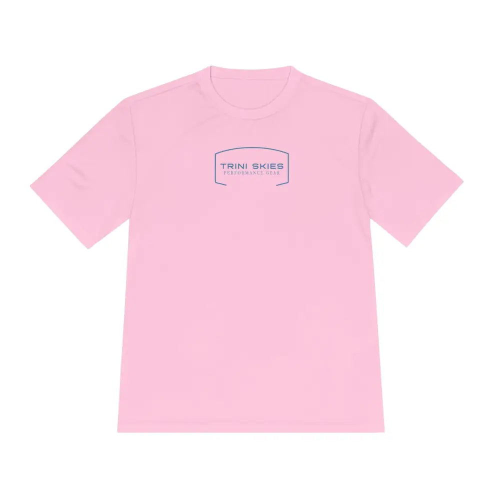 Sailfish performance shirt with Trini Skies shield graphic on light pink short sleeve
