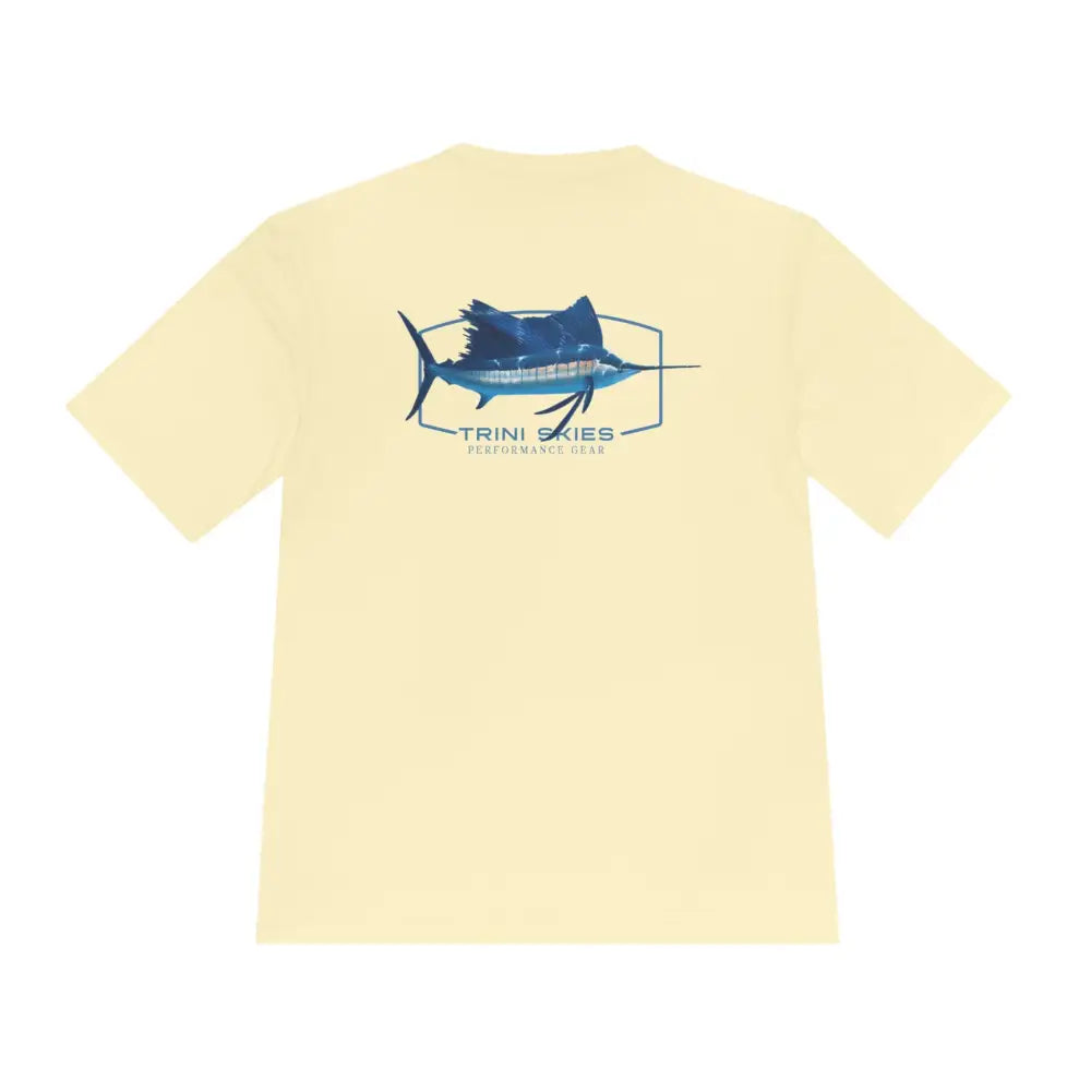 Pale yellow short-sleeve performance shirt with dynamic sailfish graphic