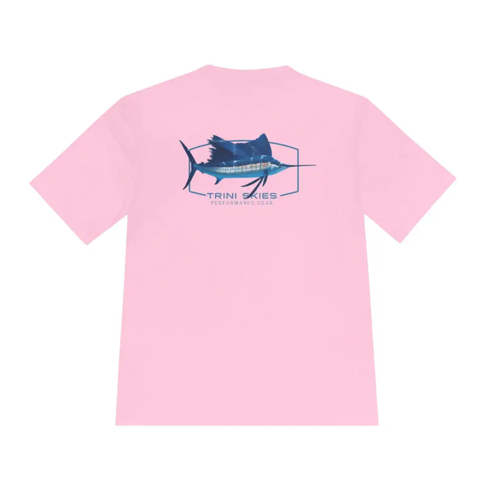 Pink Sailfish Performance Short Sleeve Shirt with Blue Marlin Graphic