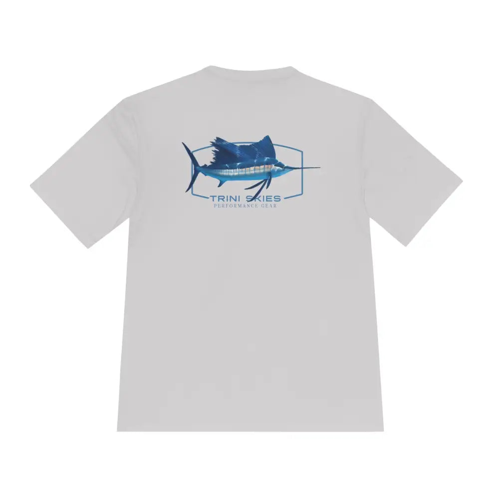 White Sailfish performance shirt with blue marlin graphic