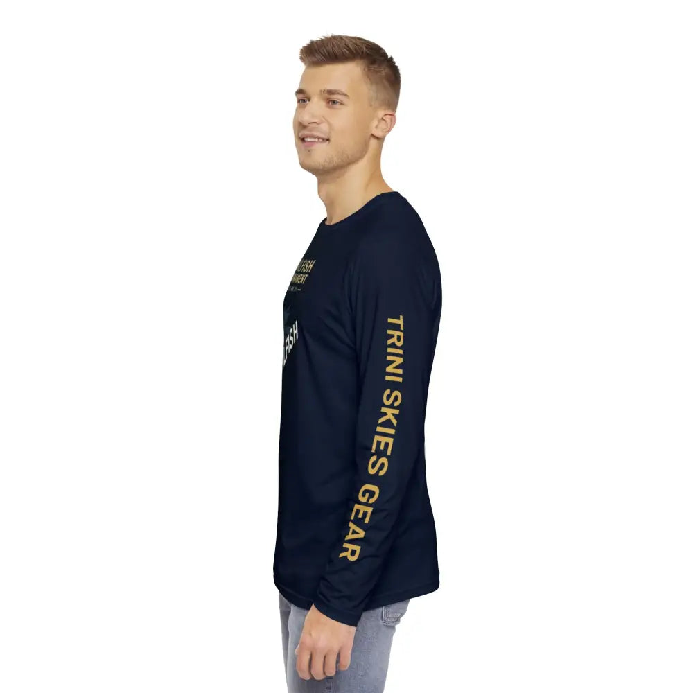 Men’s navy long-sleeve T-shirt with gold text sleeve for fishing adventure long style