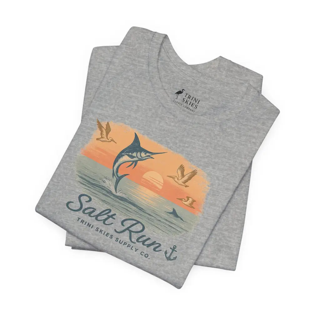 Gray Marlin fishing-themed crew neck t-shirt Salt Run Legacy Bella Canvas embroidered corduroy
