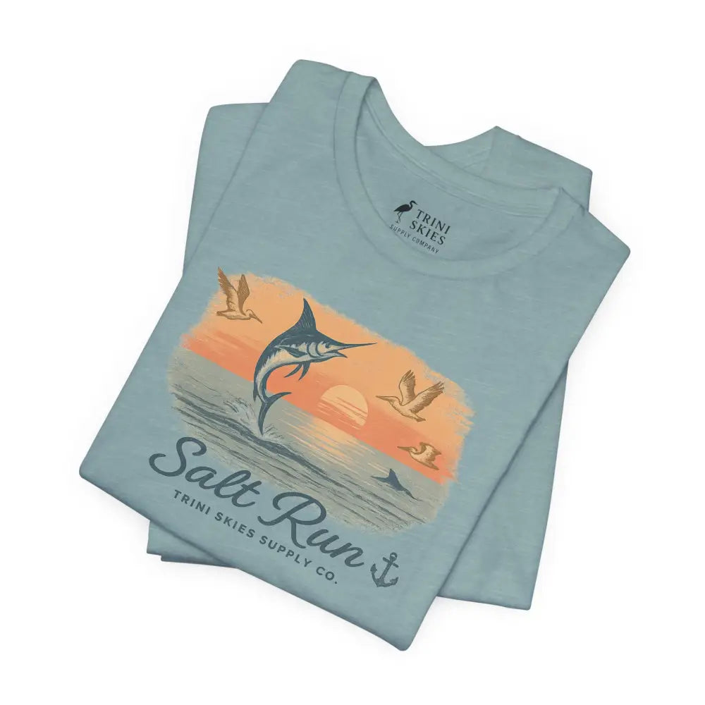 Folded blue Salt Run Legacy Marlin graphic tee by Bella+Canvas