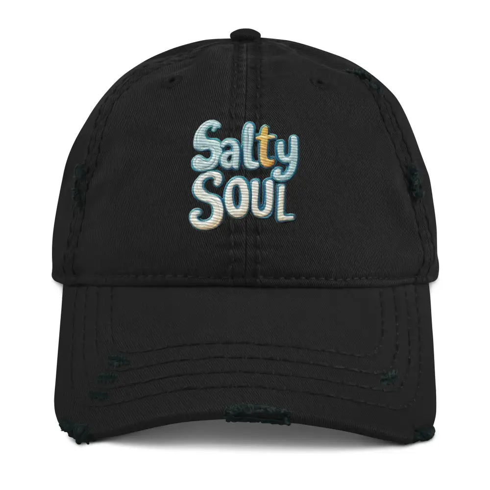 Salty Soul embroidered black distressed dad hat by Trini Skies