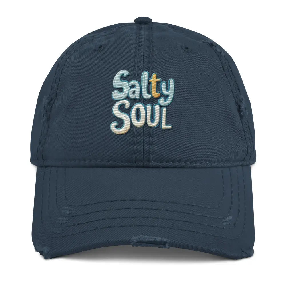 Salty Soul embroidered distressed dad hat in dark blue from Trini Skies