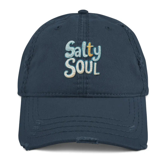Salty Soul Embroidered Distressed Dad Hat Adjustable Strap Vintage Look - Navy - Hats distressed dark blue baseball cap