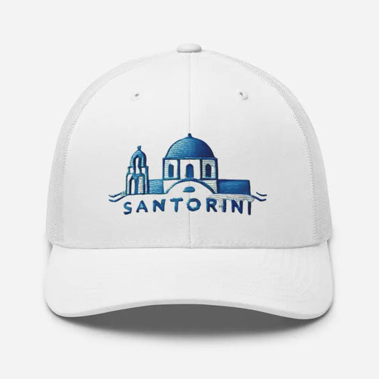 Santorini Embroidered Trucker Cap - Classic Mesh Back Hat for Sun Protection Greece Great Gift Idea - Hats white