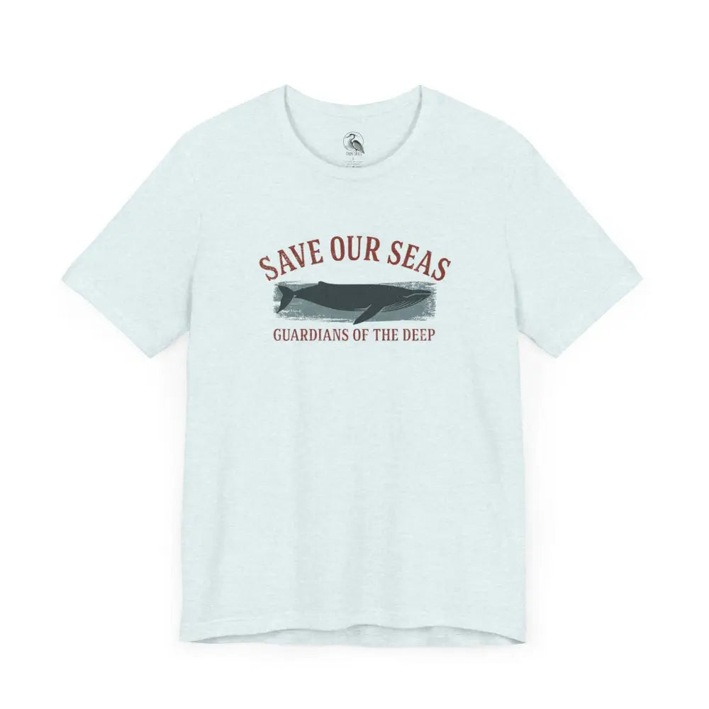 Light blue Trini Skies whale graphic tee with Save Our Seas print