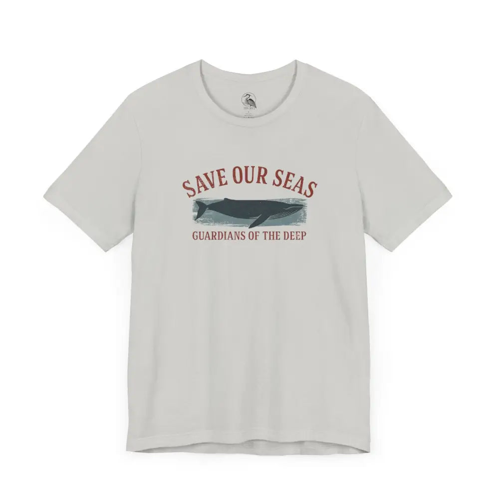 Light gray Trini Skies Save Our Seas whale graphic tee with classic crew neckline
