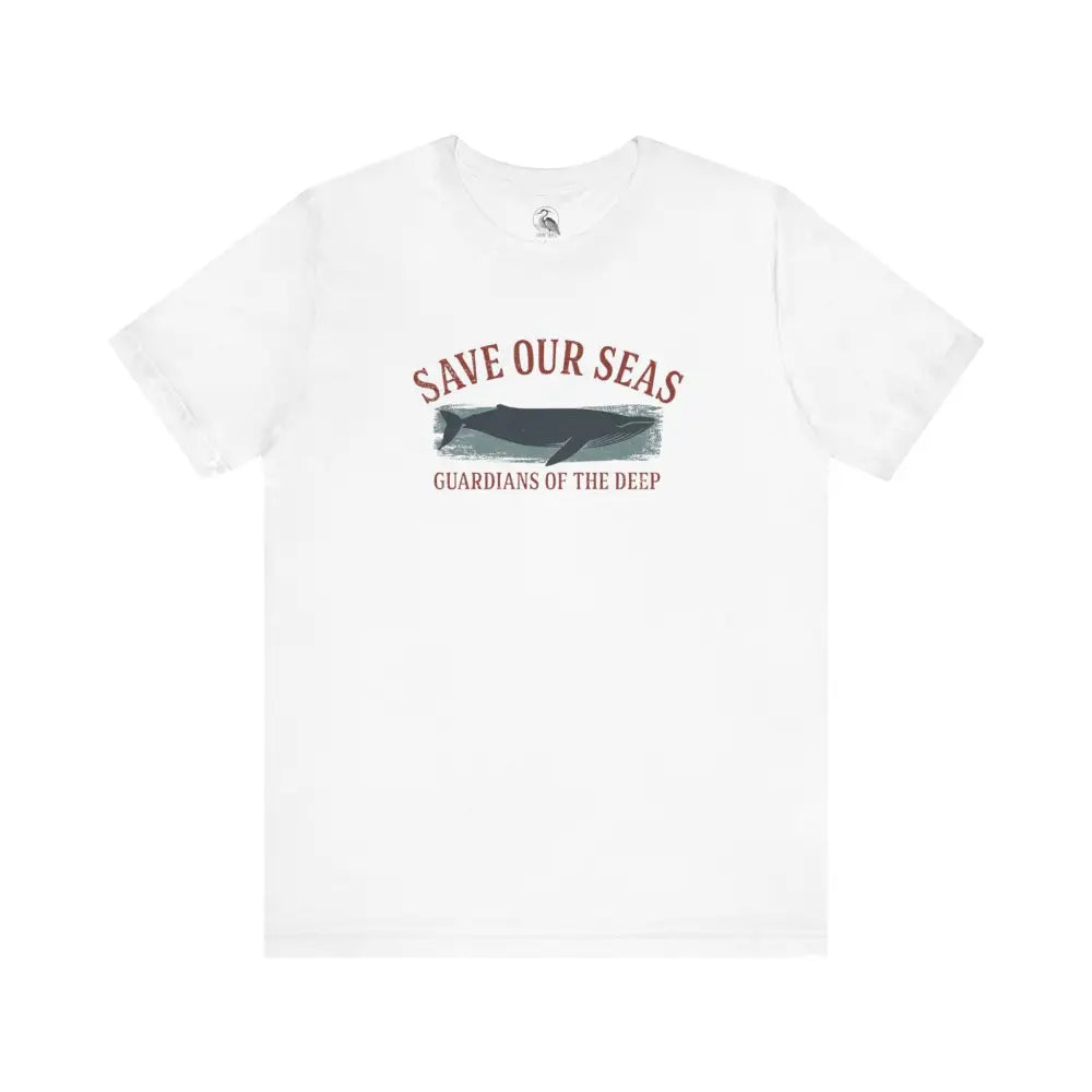 White Save Our Seas whale graphic tee by Trini Skies, classic crew neckline