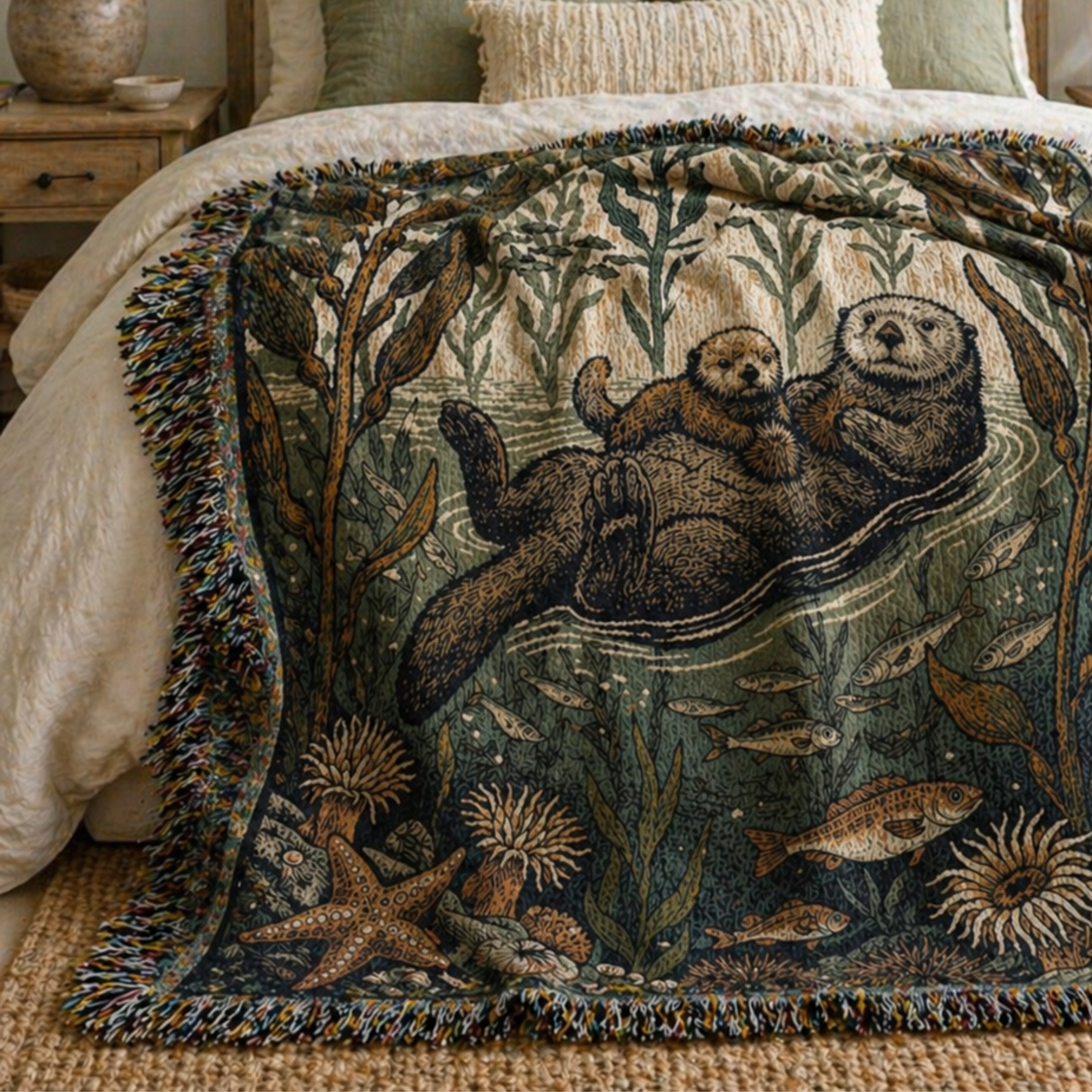 Pacific Sea Otter throw on a bed with armchair — woven cotton coastal blanket for bedroom and living room décor