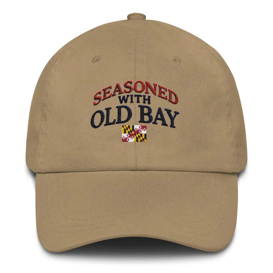 Seasoned With Old Bay Embroidered Dad Hat - Adjustable Strap Low Profile Style Great Gift Idea - Khaki - Hats khaki
