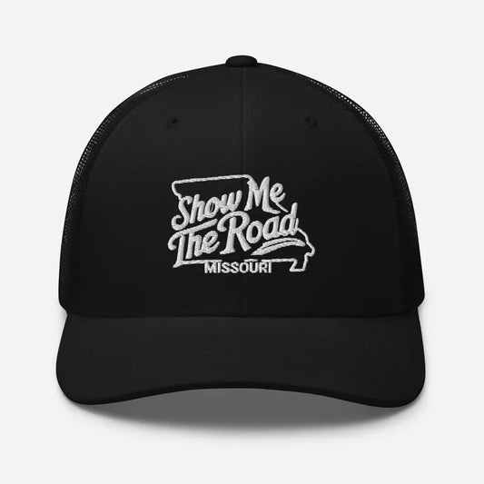 Show Me The Road Missouri Trucker Cap - Black - Hats black trucker hat white embroidered 1