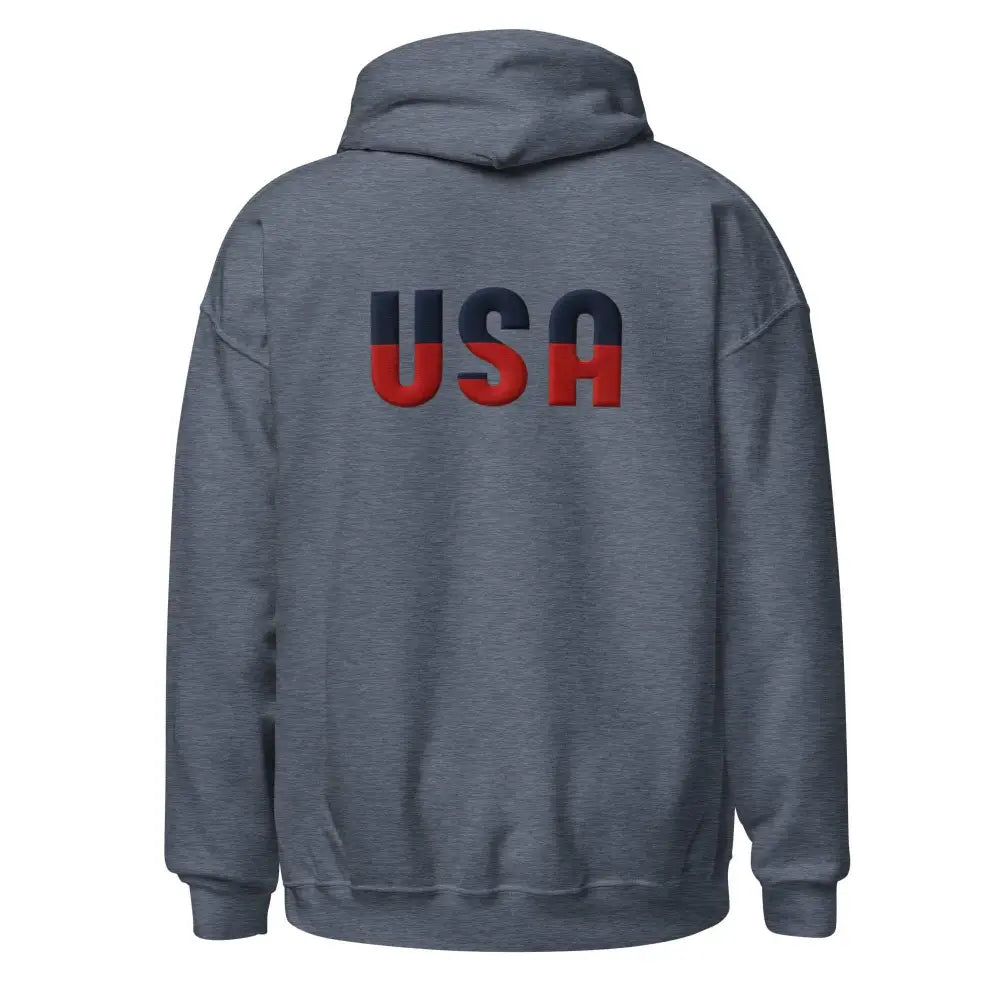 Grey usa unisex hoodie with embroidered corduroy USA lettering, cozy go-to hoodie