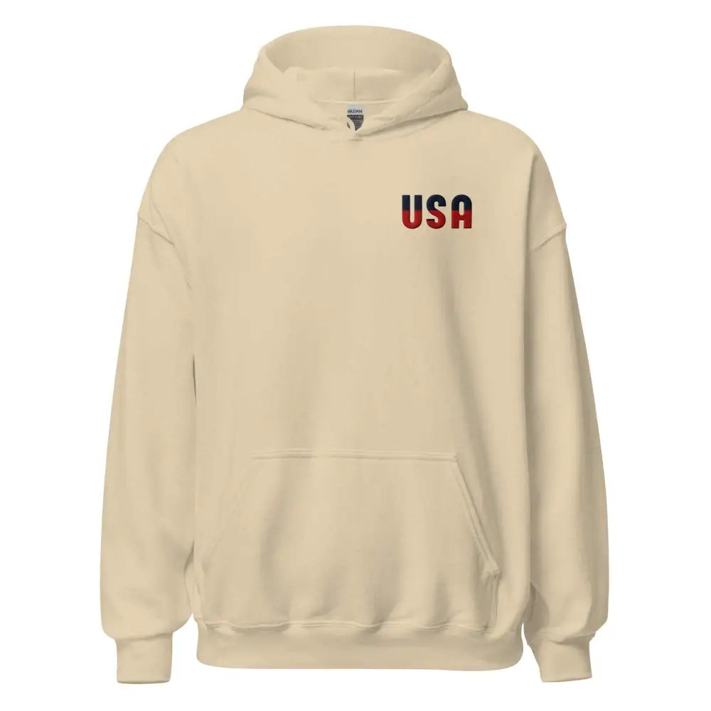 Cream-colored usa unisex hoodie with embroidered corduroy, cozy go-to hoodie design
