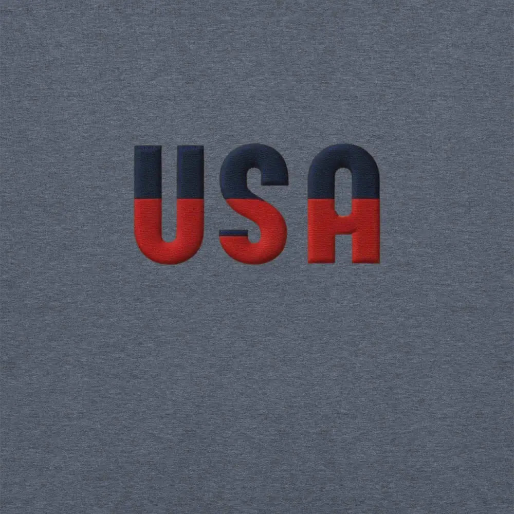 USA text in red and blue on cozy unisex hoodie