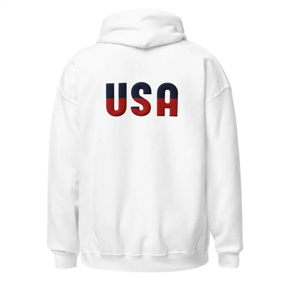 USA unisex hoodie with red and blue embroidered USA on back