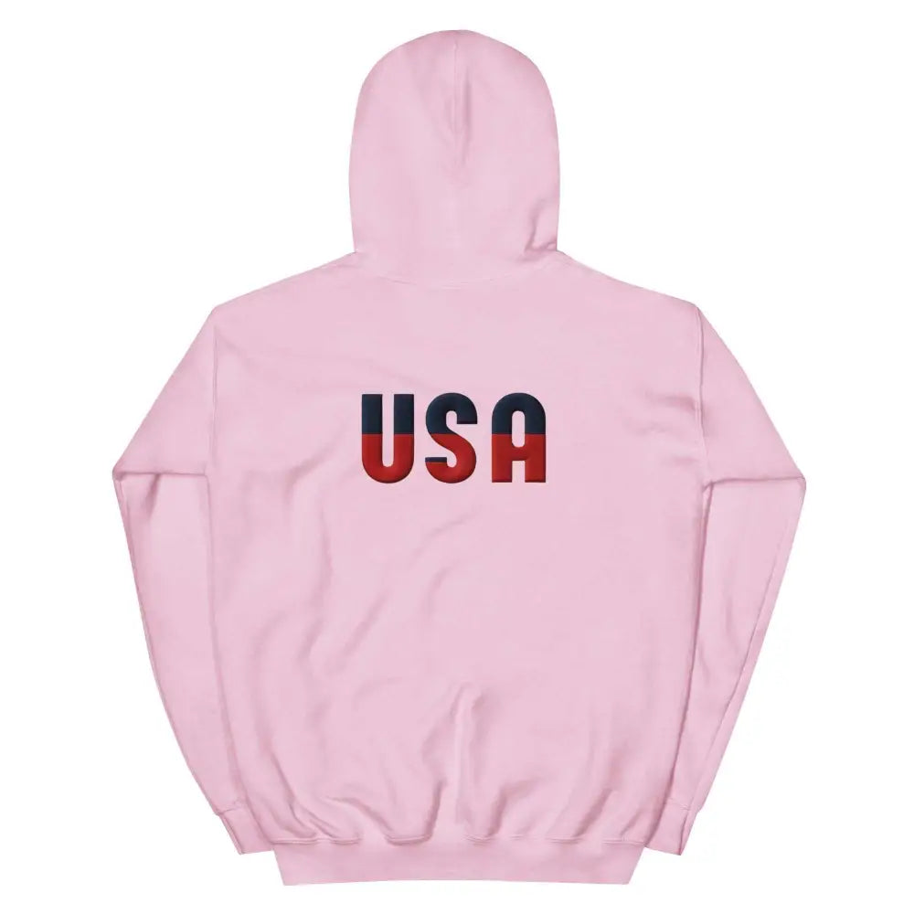 Pink hooded sweatshirt with USA text, cozy unisex hoodie, embroidered corduroy style