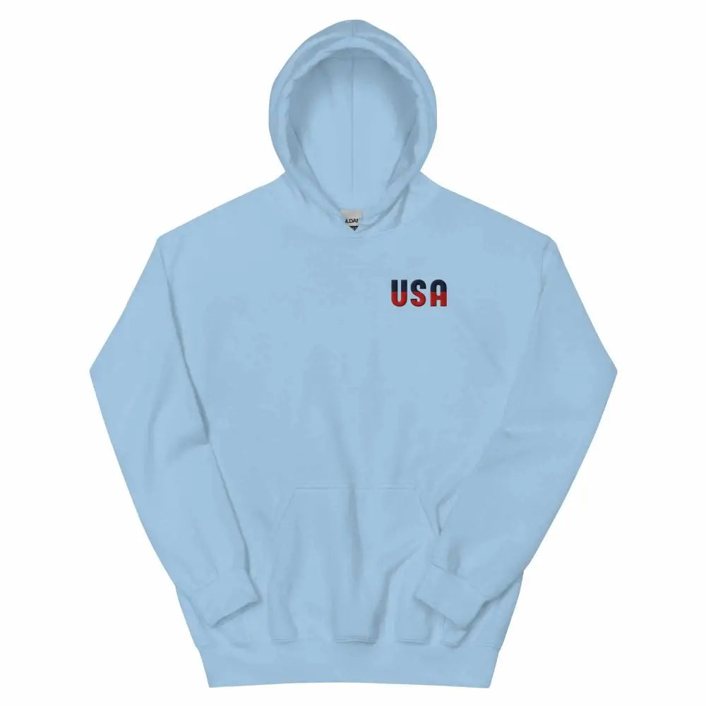 Light blue USA unisex hoodie with patriotic embroidered chest design