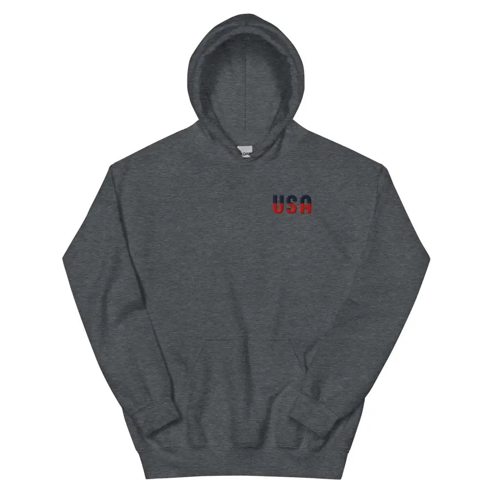 Dark gray usa unisex hoodie with embroidered corduroy USA on chest, cozy go-to hoodie