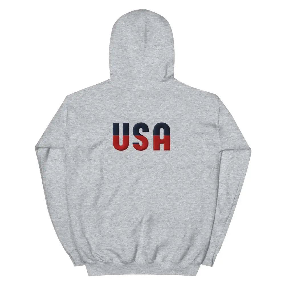 Gray USA unisex hoodie with red blue embroidered lettering