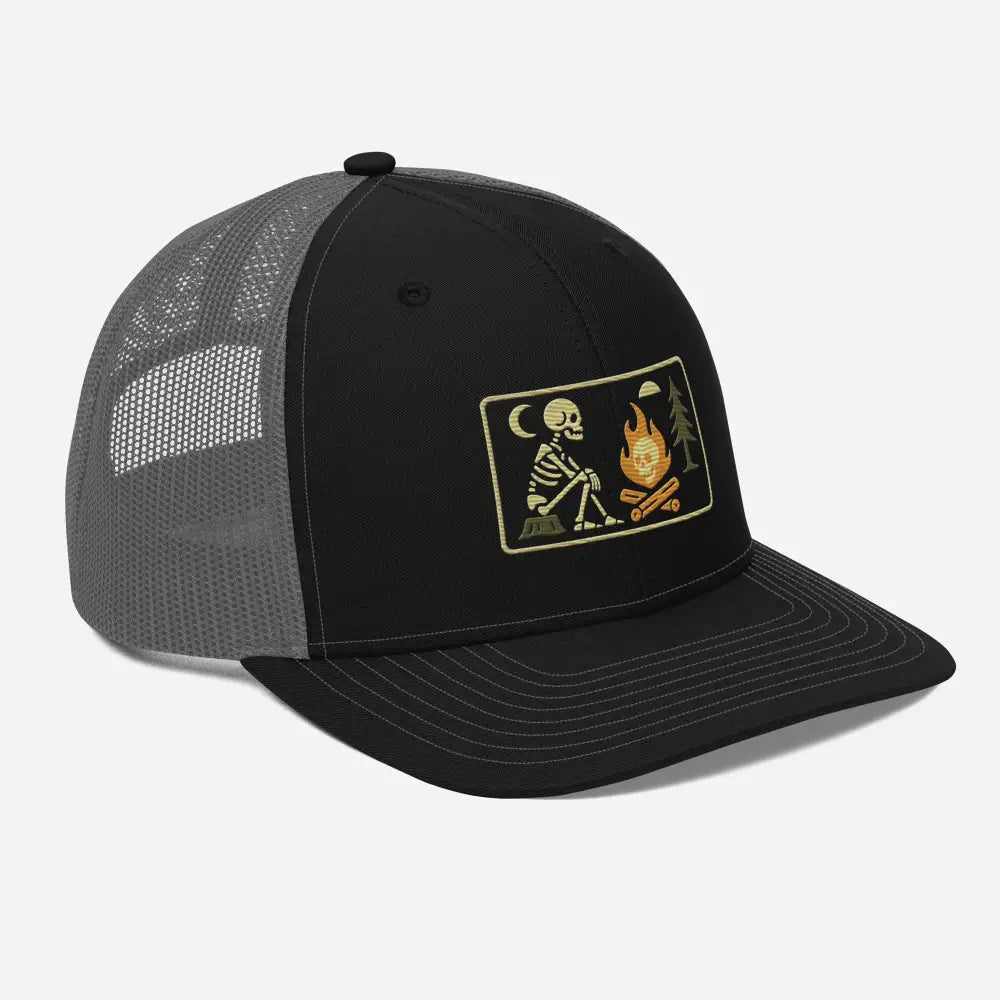 Black gray mesh trucker hat with skeleton campfire embroidered patch